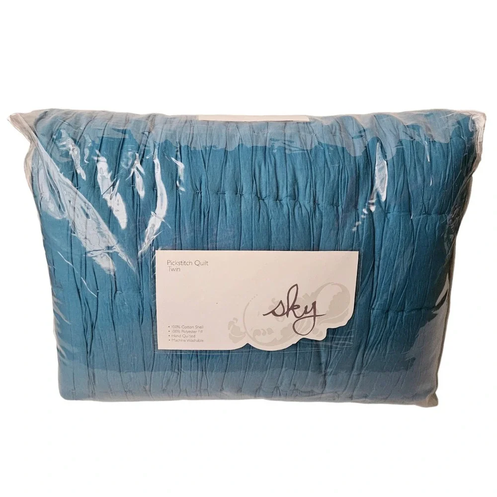 Twin Pickstitch Blue Quilt Bedding Ruched Feminine‎ Cottagecore Cotton Sky New